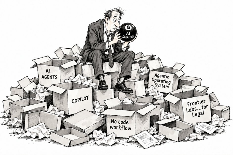 Cartoon of a dishevelled man sitting on a heap of opened cardboard boxes labelled AI Agents, Copilot, No code workflow, Agentic Operating System and Frontier Labs for Legal, staring into a magic 8-ball marked AI Strategy.